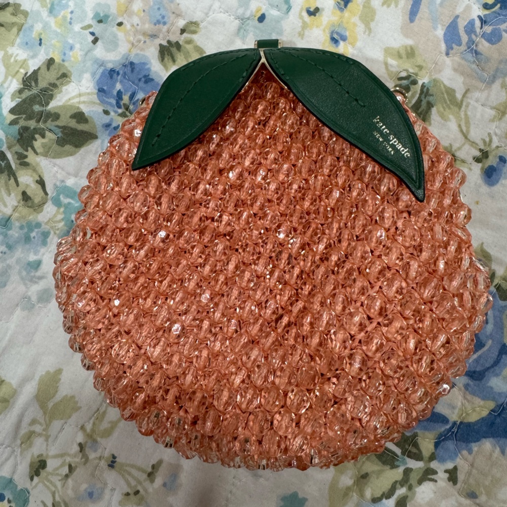Kate Spade Rare Coral Beaded Clutch with Green Leaf